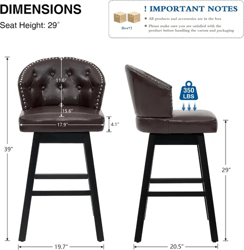Vista 2 de Juego de 2 taburetes de bar giratorios de 29 pulgadas, taburetes de bar tapizados con respaldo, sillas modernas de altura de mostrador para isla