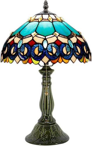 Vista 11 de Tiffany Style Stained Glass Table Lamp 18.5 Inch - Blue Peacock Tail 12X12X18.5 Inch, E26 Bulb Base，Pull Chain Switch, Ceramic Base, Bedside
