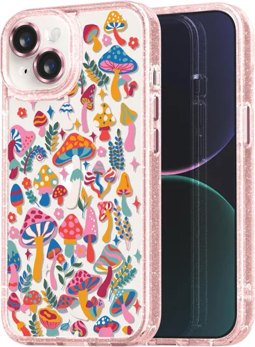 Vista 100 de Compatible para iPhone 13 Funda Bonita Estética - Funda para Teléfono Rosa con Purpurina con Protector de Cámara - Diseño de Cubierta