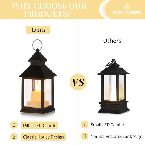 Vista 5 de Romadedi Mini Linternas Decorativas para Centro de Mesa - 10 Piezas de Linternas Pequeñas Negras Colgantes a Granel con Velas LED Parpadeantes
