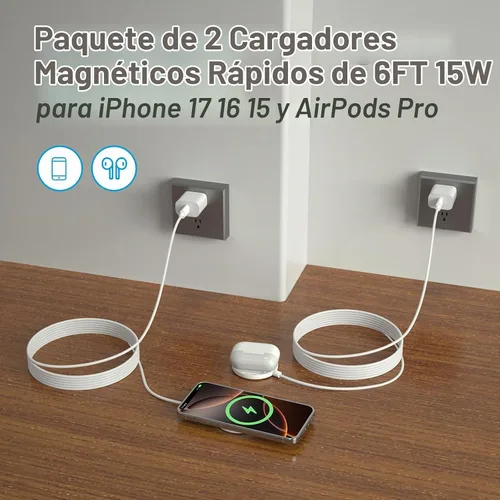 Vista 4 de Cargador MagSafe para iPhone, cargador inalámbrico magnético de 15 W, almohadilla de carga rápida de 6 pies, cargador MagSafe de Apple para iPhone