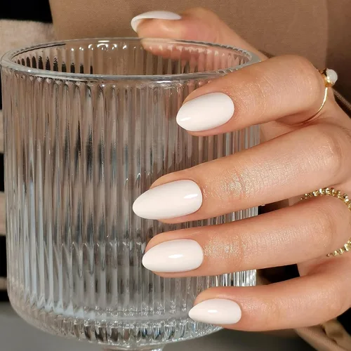 Vista 2 de CurvLife Uñas a presión de almendras medianas, color blanco lechoso A9 - Susurro de crema