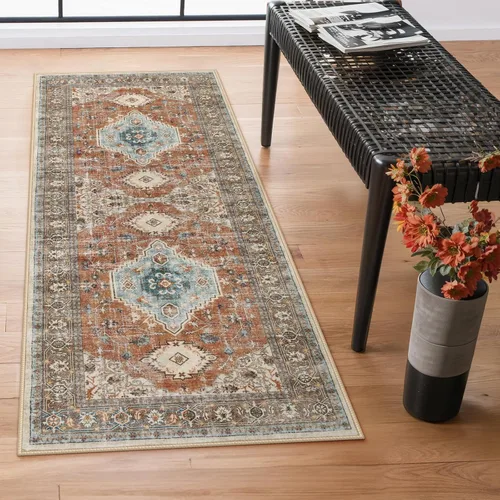 Vista 58 de Lahome Alfombra oriental lavable de área pequeña, 2 x 3 pies, para entrada, cocina, ultra fina, suave, tapete antideslizante para puerta de Azul