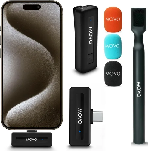 Vista 9 de Movo Micrófono inalámbrico Mini DI Ultra Compact Wireless Lavalier para iPhone con adaptador de mano WMX-HM - Micrófono de solapa con soporte
