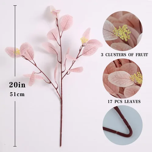 Vista 2 de 12 tallos de eucalipto artificiales, hojas de seda sintética de 20 pulgadas con bayas beige, ramas de vegetación flexibles para decoración bohemia