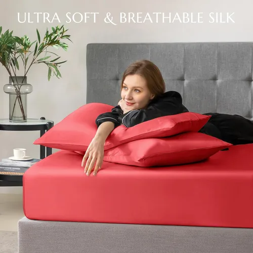 Vista 68 de THXSILK Juego de sábanas bajeras de 100% seda de morera, 3 piezas de seda 7A+, transpirable, suave, sábana bajera de 16 pulgadas de profundidad, 2