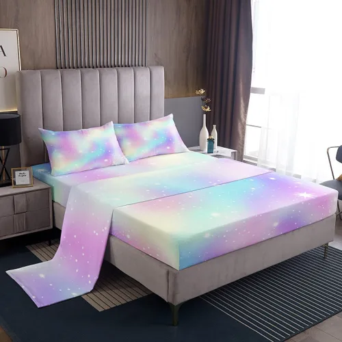 Vista 35 de Juego de sábana bajera ajustable de teñido anudado para niñas, juego de ropa de cama con diseño de arco iris degradado de arcoíris, lindo juego