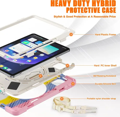 Vista 7 de Funda para Xiaomi Mi Pad 6/Mi Pad 6 Pro, funda resistente a prueba de golpes de 11 pulgadas, soporte giratorio 360, correa de mano, correa de rosado
