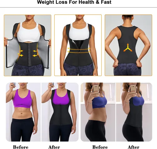 Vista 5 de LANCS Traje de sauna para mujer, entrenador de cintura para sudar, chaleco con cremallera, moldeador de cuerpo, corsé adelgazante, camiseta sin Negro