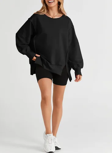 Vista 3 de SHEWIN Sudadera casual de gran tamaño de manga larga con costuras inversas y cuello redondo para mujer Un negro
