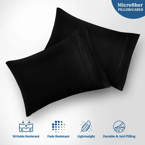 Vista 2 de Hannah Linen Fundas de almohada Queen – Juego de 2 fundas de almohada negras de microfibra cepillada – Cierre de envoltura de 20 x 30 pulgadas