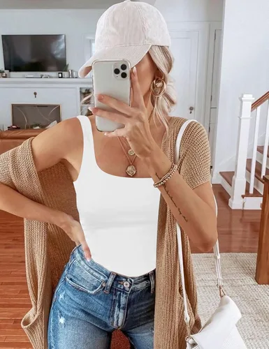 Vista 6 de Chunpin Body sin mangas con cuello cuadrado para mujer, con doble forro, tanga