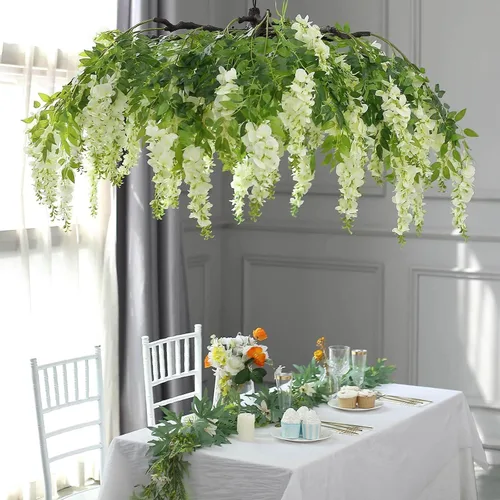 Vista 5 de Efavormart 140 cm Crema Artificial de Seda Glicinia Vid Colgante Dosel Redondo, Guirnalda de Flor Candelabro con Ramas Intercambiables