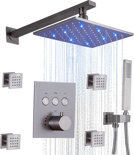 Vista 11 de Cabezal de ducha de lluvia de techo LED redondo de oro cepillado de 10 pulgadas, DULABRAHE termostático para baño, sistema de ducha de lluvia de Oro