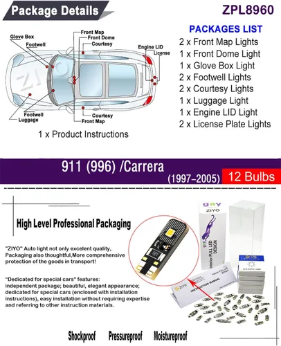 Vista 2 de ZIYO ZPL8960 - (12 bombillas) Kit de luz LED interior de repuesto para Porsche 911 996 / Carrera/Turbo/Targa 1997-2005 + paquete de bombillas