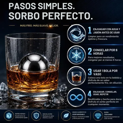 Vista 7 de G&J's Finest Premium - Juego de 4 bolas de acero inoxidable para whisky, 2 bolas extragrandes y 2 de gran tamaño con bolsas para congelador y pinzas