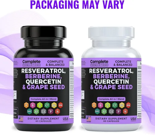 Vista 8 de Suplemento de resveratrol con quercetina, berberina, extracto de semilla de uva y mezcla de polifenoles para la salud de la piel, apoyo inmunológico