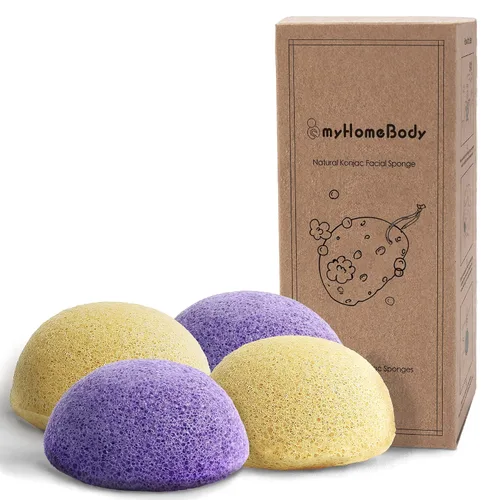 Vista 7 de myHomeBody Esponjas faciales naturales de Konjac - para una limpieza y exfoliación facial suave - con carbón activado y aloe vera, juego de 4