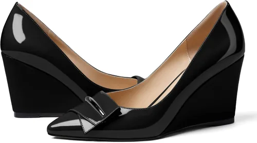 Vista 4 de AUMOTED Zapatos de tacón de cuña para mujer, con punta puntiaguda, tacones de lazo de tacón alto, zapatos de vestir clásicos para oficina, boda