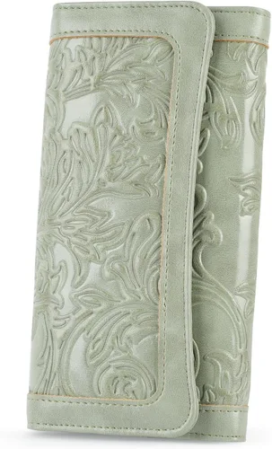 Vista 57 de MEITRUE Cartera de cuero para mujer, con bloqueo RFID, triple pliegue, con relieve, soporte para tarjetas, organizador de chequera para teléfono