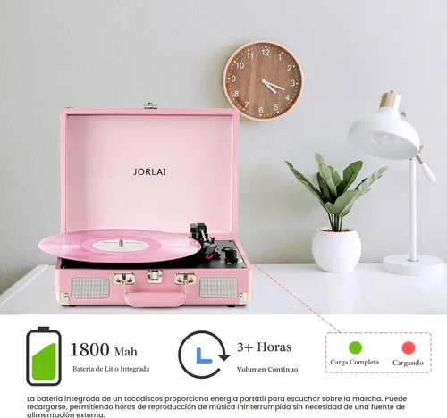 Vista 2 de Reproductor de discos de vinilo rosa de 3 velocidades portátil en maleta con altavoces duales integrados, gramófono Bluetooth con batería