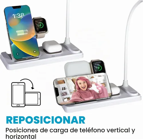 Vista 4 de OttLite Lámpara LED de escritorio con estación de carga multidispositivo, blanco