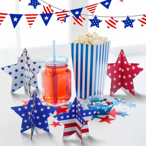Vista 3 de Bucherry 4 juegos de centros de mesa patrióticos para el Día de los Caídos de madera, letreros de estrellas de madera, rojo, blanco, azul, 4
