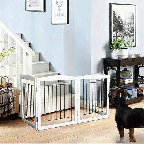 Vista 8 de ZJSF Puerta plegable independiente para perros para casa, extra ancha, de madera, blanca, para interiores, para cachorros, escaleras, puertas Blanco