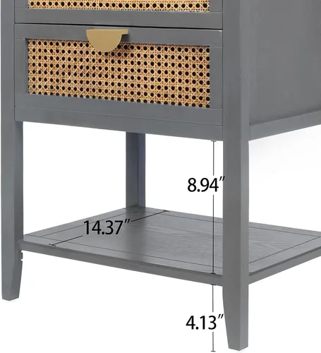 Vista 6 de ZeHuoGe Mesita de noche de ratán, mesa auxiliar con 2 cajones profundos, fusión moderna-rústica, gris, 22 pulgadas de ancho x 28.35 pulgadas de alto