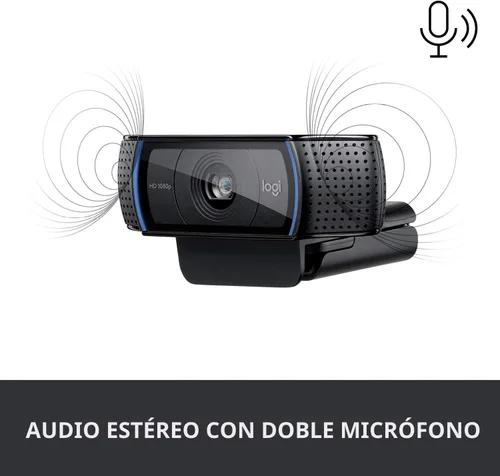 Vista 4 de Cámara web HD Pro C920 Logitech, visualización panorámica 1080P videollamadas y grabación, Negro
