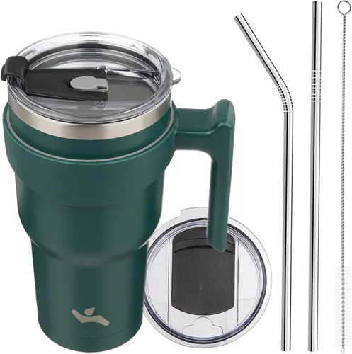 Vista 48 de Konokyo - Vaso de 10 onzas con asa y 2 popotes, 2 tapas, botella de agua aislada de acero inoxidable, taza de viaje reutilizable, color verde militar