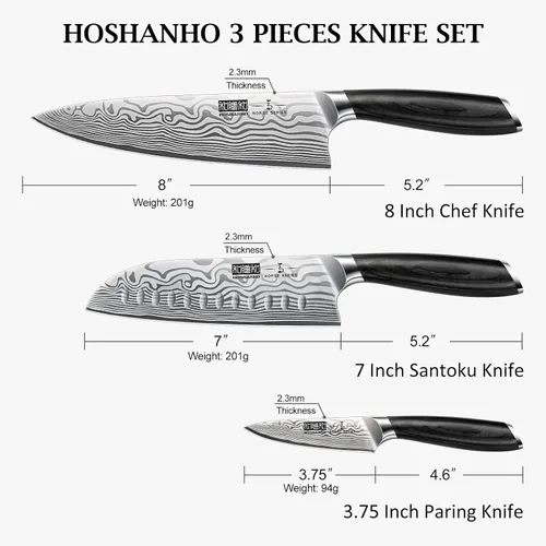 Vista 2 de HOSHANHO Juego de 3 piezas de cuchillos, juego de cuchillos de cocina profesional de acero en polvo de alto carbono, juego de cuchillos ultra