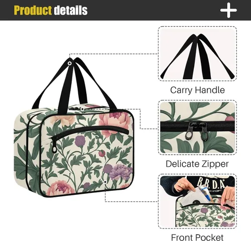 Vista 4 de Neceser de viaje con gancho, diseño retro vintage de flores, hojas y flores, bolsa de afeitar expandible para hombres para mujeres, bolso de viaje