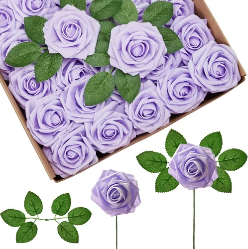 Vista 12 de InnoGear Flores artificiales, paquete de 50 unidades, rosas artificiales de espuma negras con tallos a granel para decoración, ramos de boda DIY