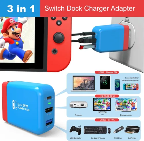 Vista 3 de Adaptador de cargador de base de interruptor de 65 W, estación de acoplamiento de TV portátil para Nintendo SwitchSteam