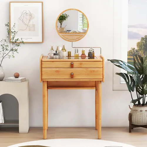 Vista 2 de Escritorio de tocador bohemio con espejo, mesa de tocador de maquillaje de bambú con 2 cajones de almacenamiento y mesa de vidrio templado, tocador