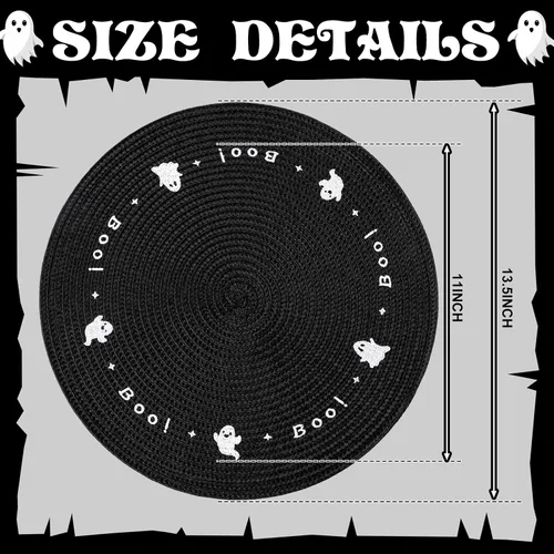 Vista 2 de Tioncy 6 manteles individuales de plástico para Halloween, redondos, bordados, fantasmas, 13.5 pulgadas, color negro, fantasmas espeluznantes, cena