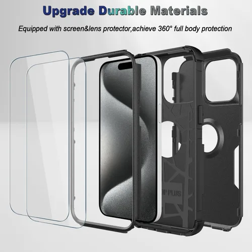 Vista 5 de Funda para iPhone 15 Pro – [2 protectores de pantalla de vidrio templado] [10 pies a prueba de caídas militar], funda protectora antideslizante a