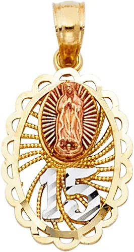 Vista 2 de 14K Tri Color Gold Sweet 15 Years Quinceanera Virgin Mary Round Charm Pendant with 2.1mm Valentino Chain Necklace