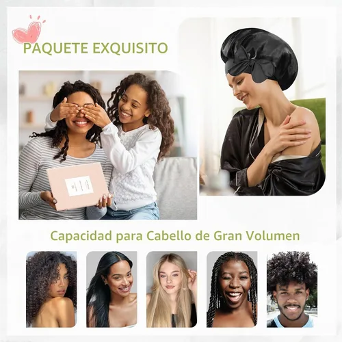 Vista 6 de BONNET QUEEN Gorro reversible de satén de seda para dormir, doble capa, ajustable, trenzas rizadas, peluca de cabello natural, banda para gorro