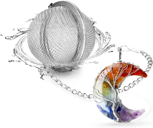 Vista 9 de Infusor de té, colador de té, difusor de té para té suelto, amatista, árbol de la vida, envuelto en alambre, colgante de luna creciente envuelto