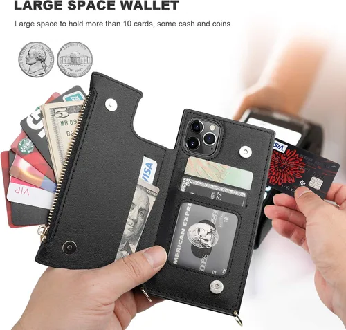 Vista 4 de Bocasal Funda tipo cartera cruzada para iPhone 11 Pro con tarjetero, protector de ranura para tarjetas con cremallera, a prueba de golpes, con Negro