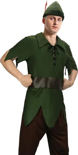 Vista 2 de Disfraz de Peter Pan para hombre adulto, blusa de vendaje de hojas verdes, sombreros de faja, trajes de cosplay de elfo, disfraz de Halloween