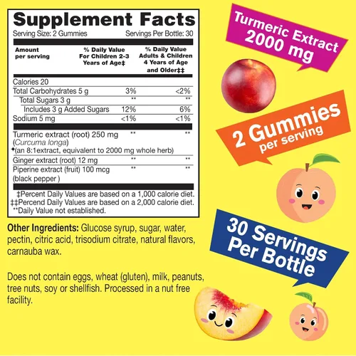 Vista 2 de WellYeah Gomitas de curcumina de cúrcuma con pimienta negra para niños, apoyo inmunológico natural, salud articular y muscular, salud digestiva