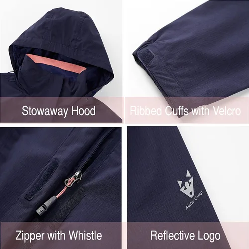 Vista 3 de ALPHA CAMP Chaqueta impermeable para mujer, transpirable, ligera, rompevientos para exteriores, con capucha, para senderismo, viajes