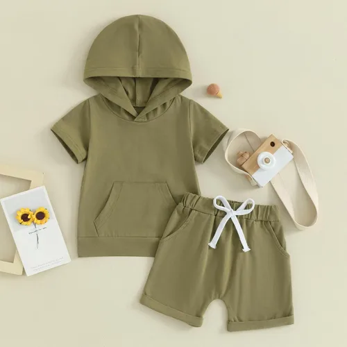Vista 2 de Conjunto de ropa casual de manga corta con capucha y pantalones cortos para bebés y niños pequeños