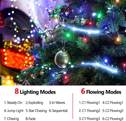 Vista 3 de iBaycon Cadena de luces de Navidad, 20 pies 240 LEDs, luces con flujo de agua conectables al aire libre, impermeables, 14 modos, cadena de luces