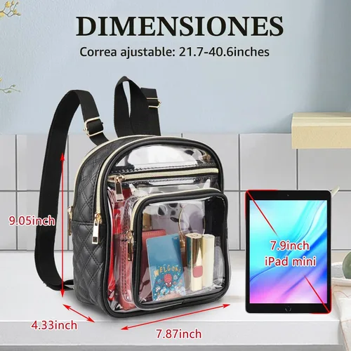 Vista 3 de Mochila transparente aprobada para estadios, resistente mini mochila transparente con bolsillo frontal para conciertos, eventos deportivos, trabajo