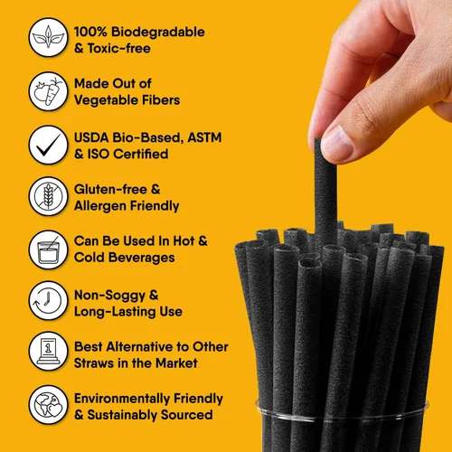 Vista 5 de The Veggie Straws 150 unidades de agitadores de bebidas biodegradables negros sin envolver de 4.75 pulgadas - Hecho de fibras vegetales, los mejores