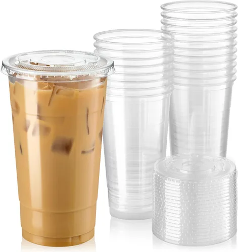 Vista 7 de Fit Meal Prep Paquete de 50 vasos de plástico transparente de 9 onzas con tapas planas, tazas desechables para café helado, sin BPA, taza de batido